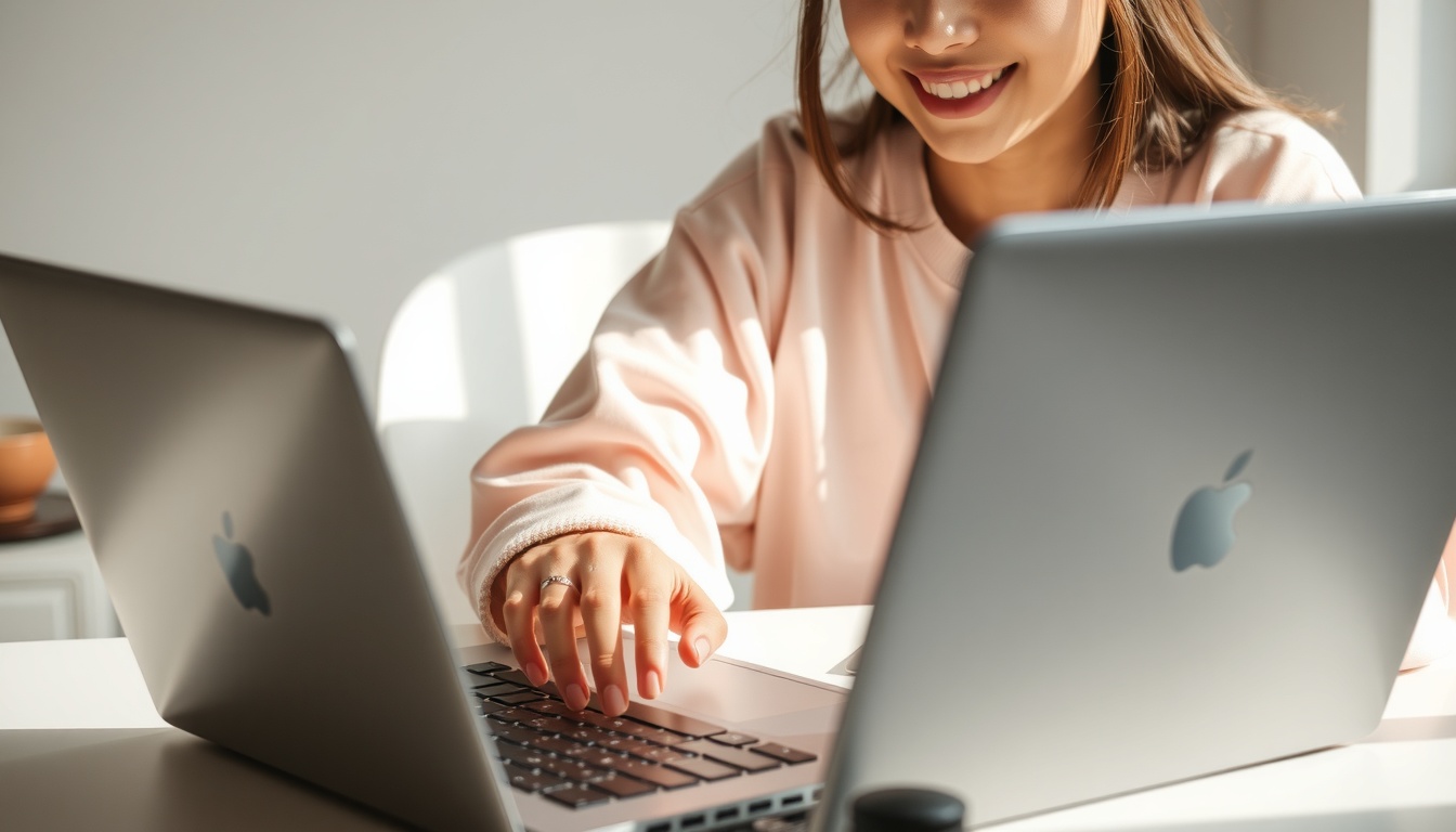 캔바 사용법 캔바 - Korean woman upper body shot with face visible, smiling while using Canva on laptop at bright desk, natural hands, canva design tutorial