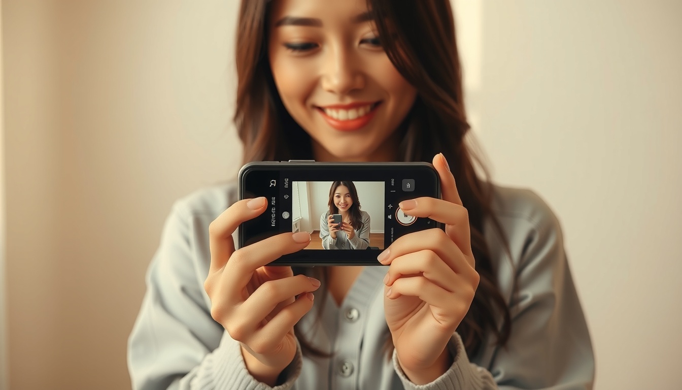 사진 보정 - Korean woman upper body shot with face visible, smiling while editing photos on smartphone, bright and aesthetic lifestyle setting, natural hands