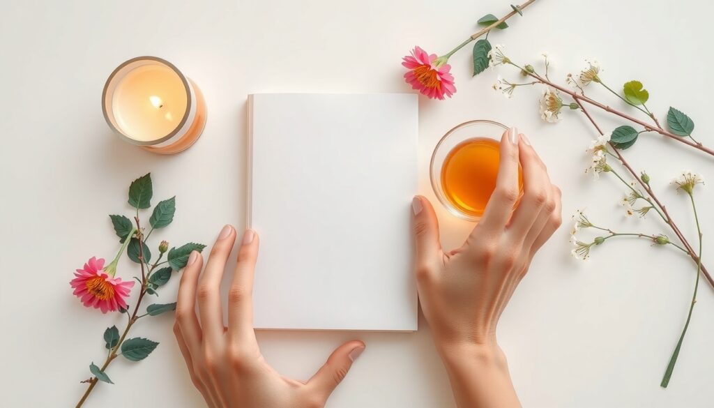 스트레스 해소 - flat lay of calming items including candle, herbal tea, journal and flowers on white desk, stress relief concept