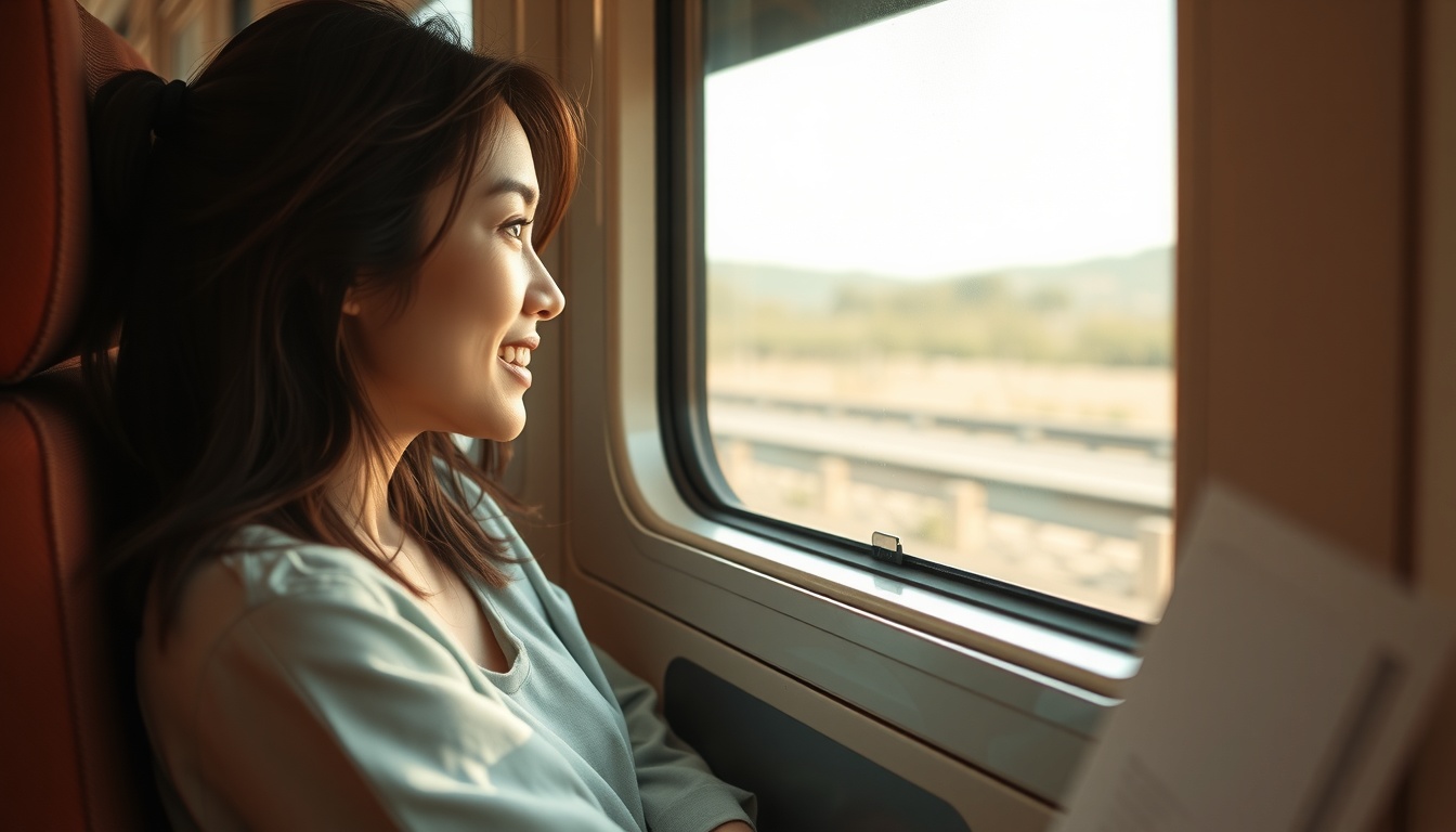 국내당일 기차여행 - Korean woman upper body shot with face visible, smiling on scenic train looking out the window, domestic day trip by train atmosphere