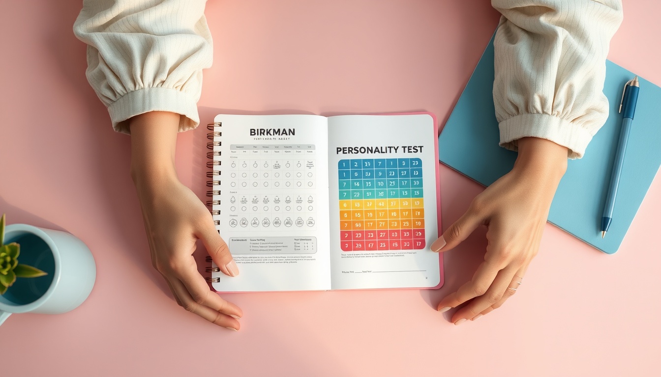 버크만코리아 - flat lay of colorful personality test result chart and notebook on pastel pink desk, Birkman assessment concept