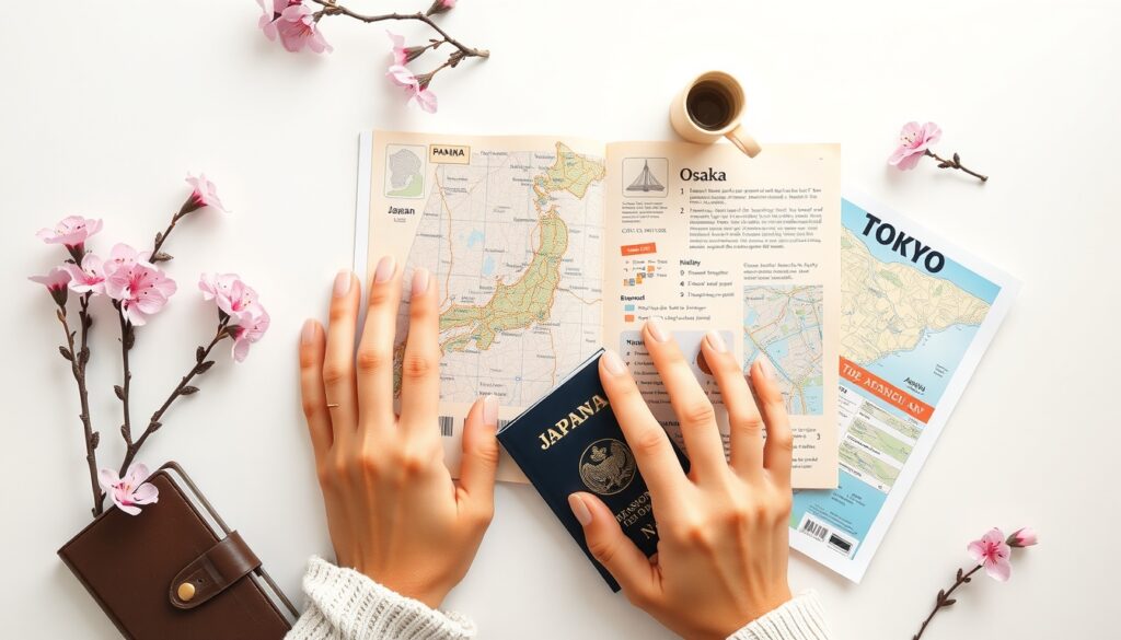 일본 여행 오사카 vs 도쿄 솔직 비교 후기 - flat lay of Japanese travel items including map of Osaka and Tokyo, cherry blossom, passport and travel guidebook on white background