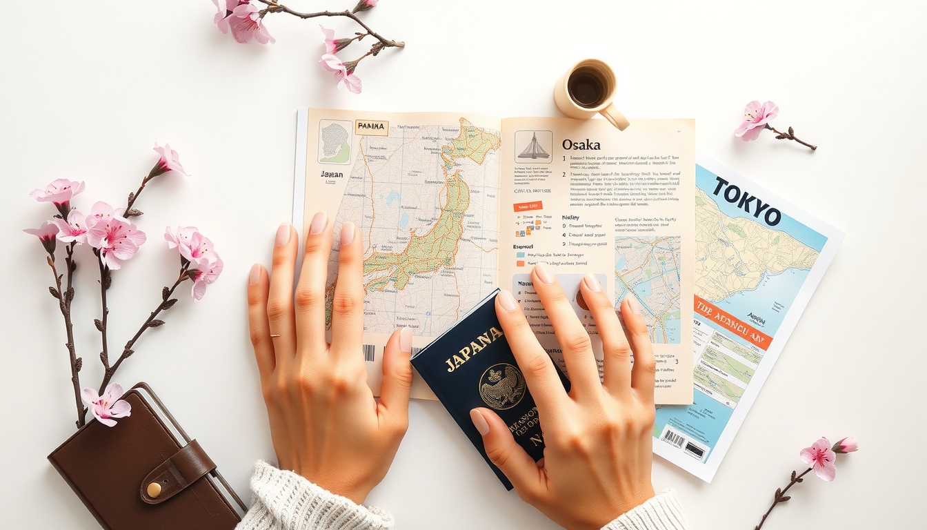 일본 여행 오사카 vs 도쿄 솔직 비교 후기 - flat lay of Japanese travel items including map of Osaka and Tokyo, cherry blossom, passport and travel guidebook on white background