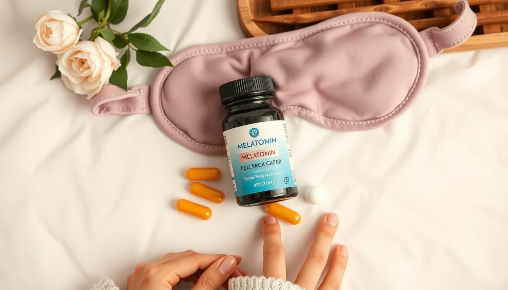 멜라토닉 - flat lay of melatonin supplement capsules and sleeping mask on soft white background, melatonin sleep aid product shot