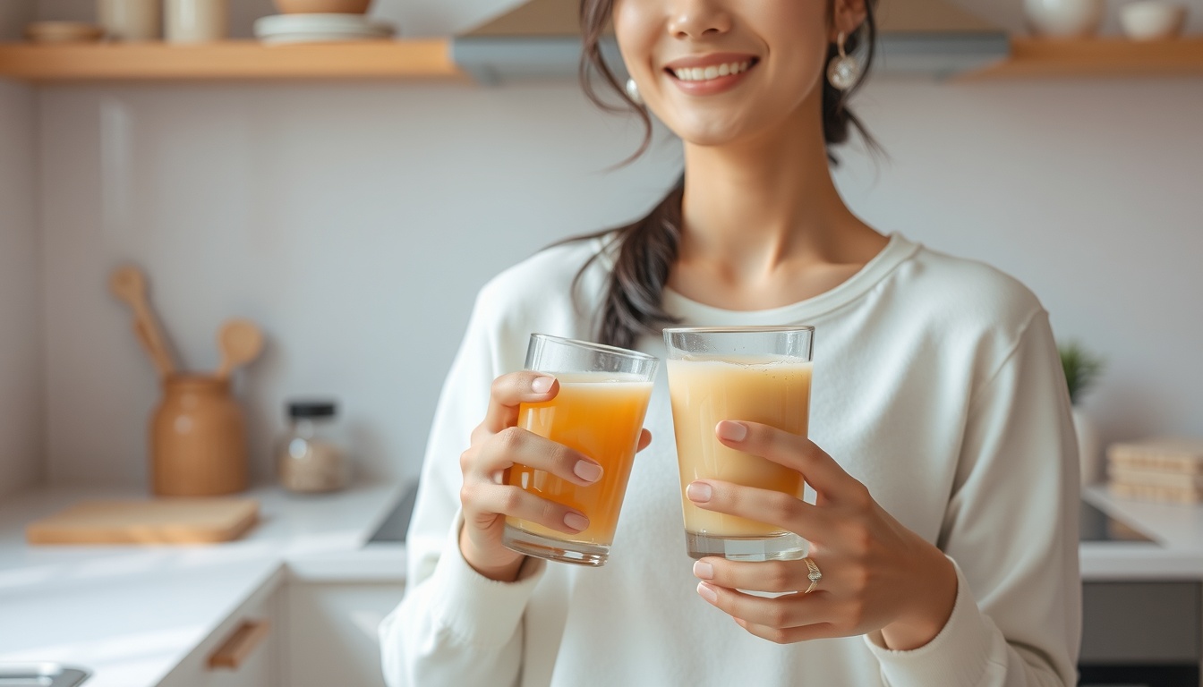 흑화랑 - upper body shot of Korean woman with face visible, smiling while drinking health supplement drink in cozy kitchen, natural hands holding glass