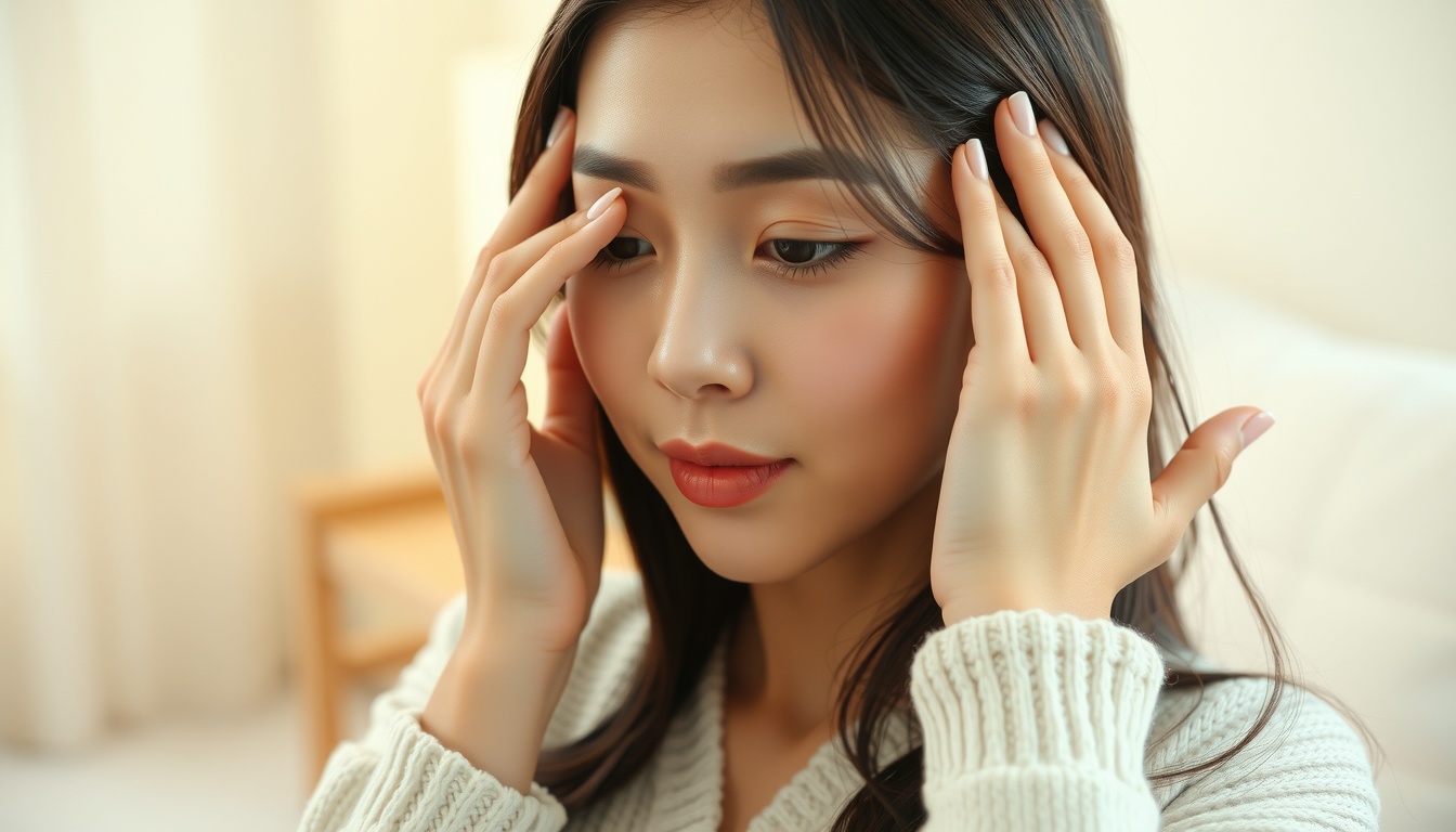 왼쪽눈밑떨림 - Korean woman upper body shot with face visible, massaging under eye area gently with fingertips in a cozy room, natural hands, left eye twitching relief concept