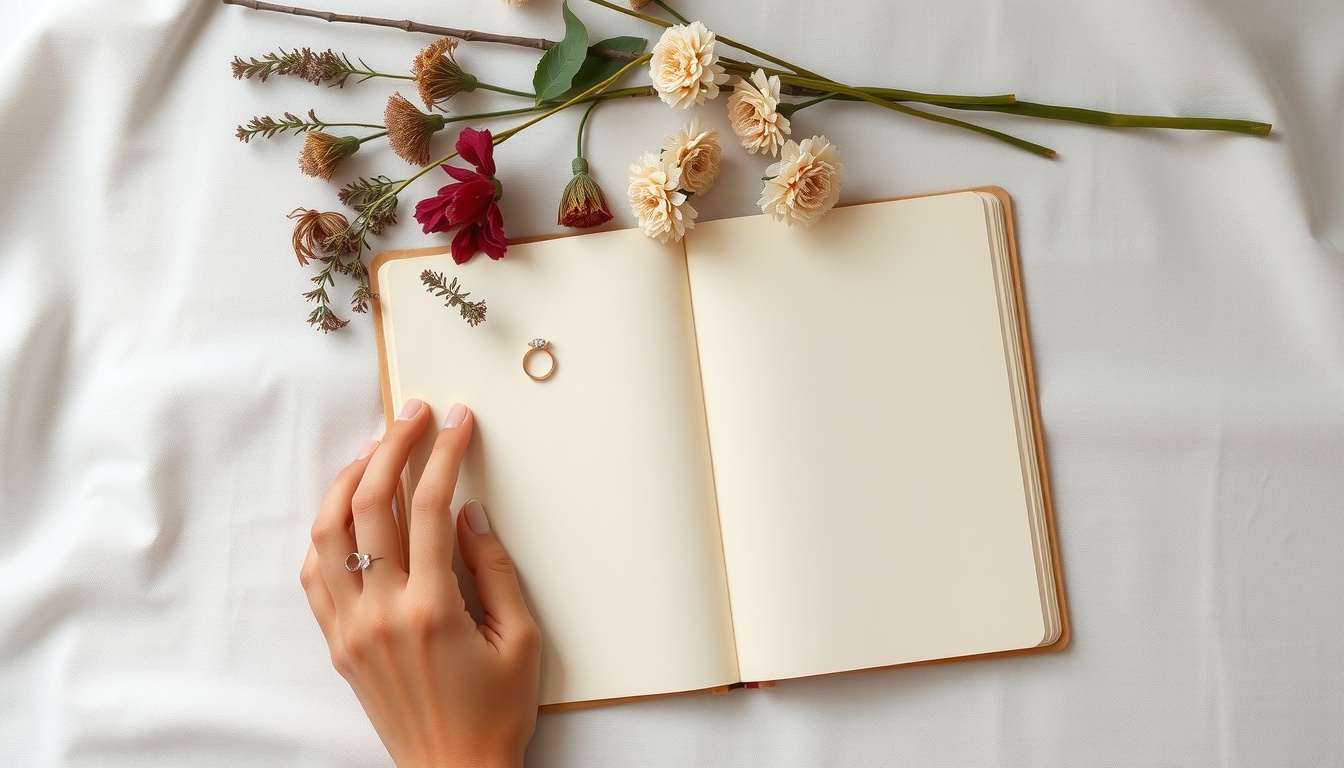 메리지블루 - flat lay of wedding ring, dried flowers, and open journal on white linen background, marriage blue anxiety concept