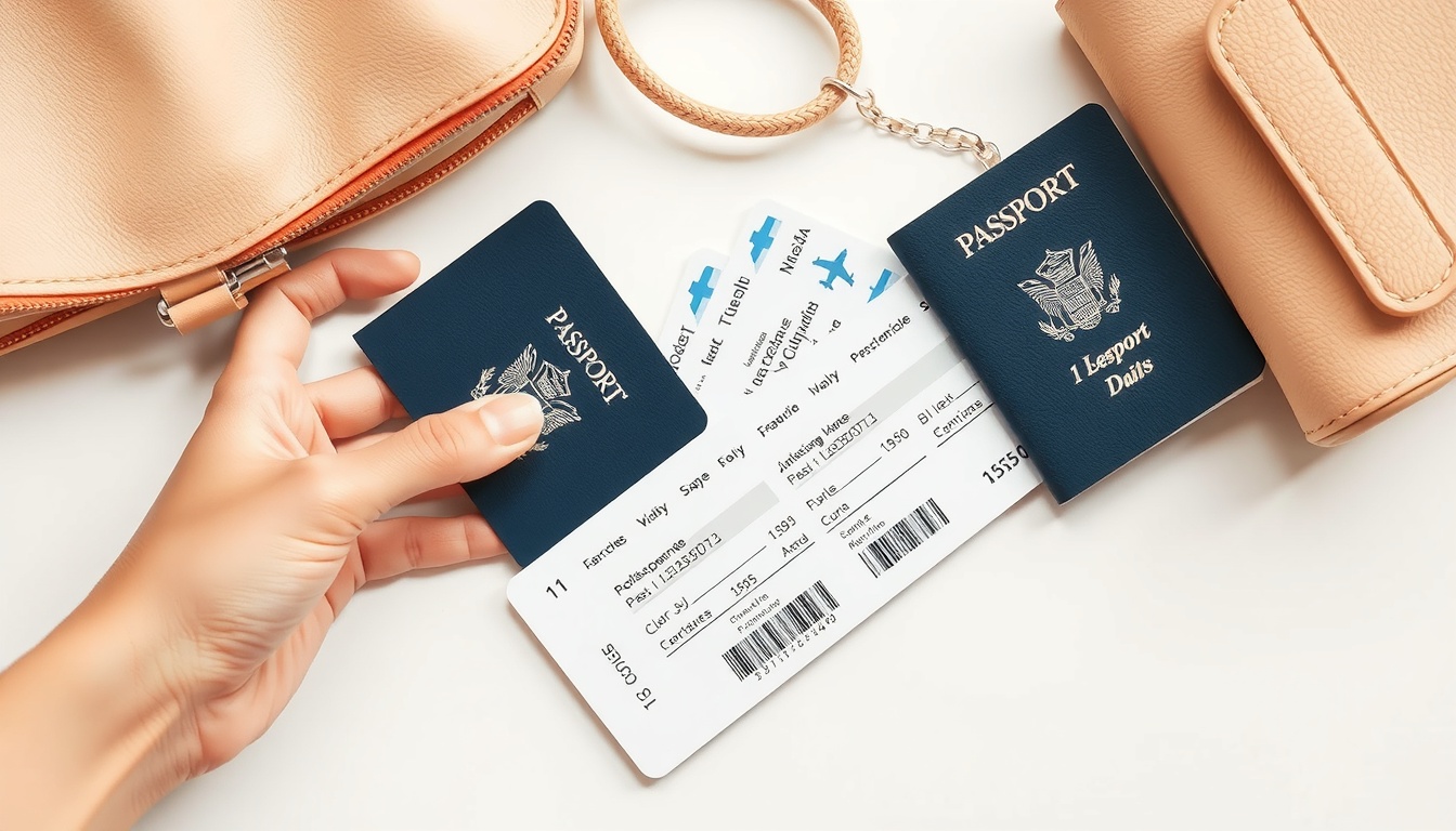 1박2일 해외여행 - flat lay of passport, airplane ticket, and small travel bag on white background, 1 night 2 days overseas travel concept