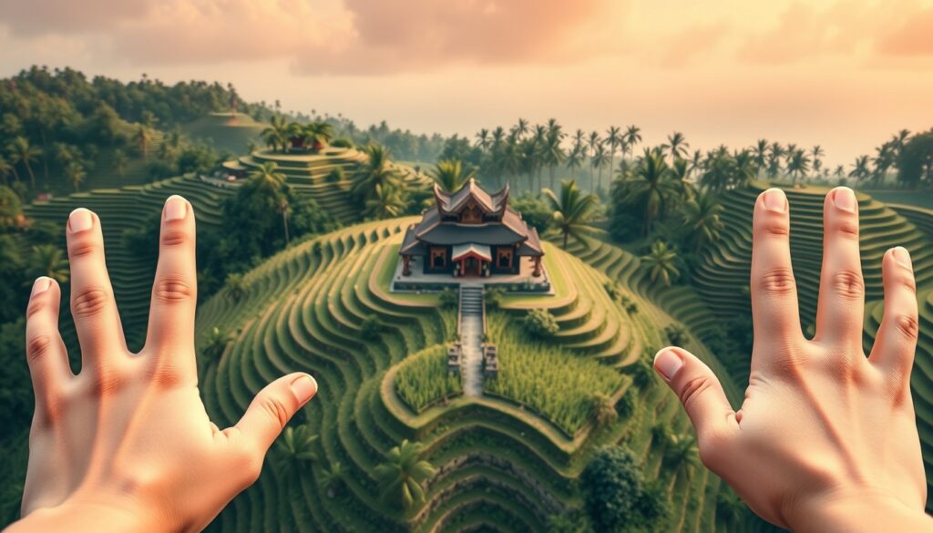 발리 여행 - aerial view of Bali rice terraces with tropical greenery and traditional temple, Bali travel destination 2026