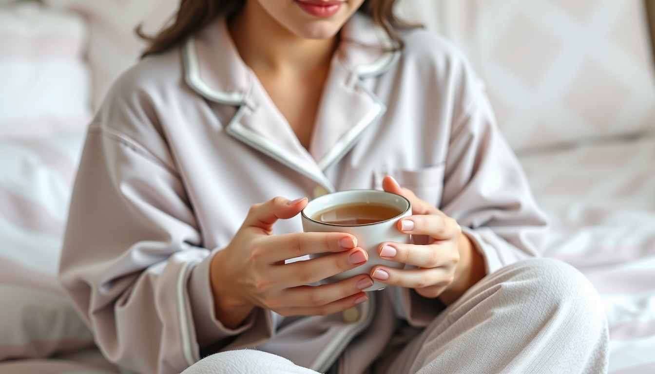 메라토닉 - Korean woman in cozy pajamas upper body shot with face visible, holding warm tea cup in soft bedroom lighting, meratonic sleep supplement concept
