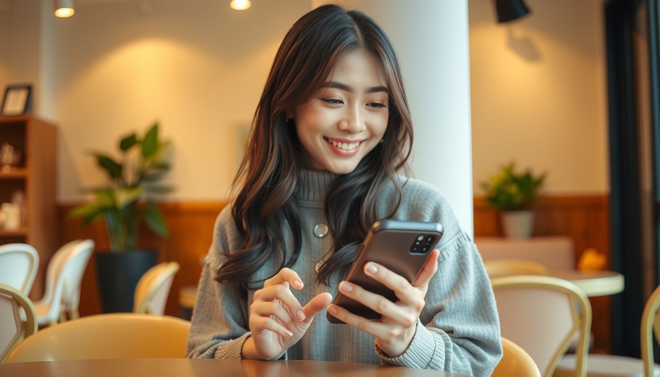 일본 여행 2026 엔화 환율 절약 방법 - Korean woman upper body shot with face visible, smiling while using smartphone for travel planning in cafe, natural hands, Japan travel budget tips