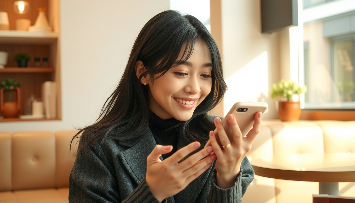 MBTI검사 - Korean woman upper body shot with face visible, smiling while looking at MBTI test results on smartphone in cozy cafe, natural hands, warm lighting