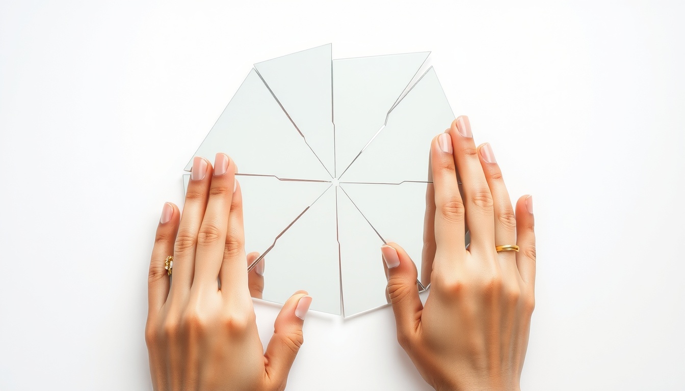 나르시시스트 - flat lay of broken mirror reflecting distorted image on white background, narcissist concept