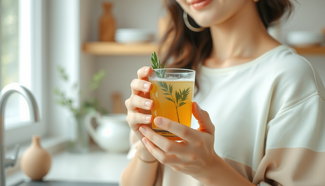 아쉬아간다효능 - Korean woman upper body shot with face visible, holding a glass of herbal supplement drink in a bright cozy morning kitchen, natural hands, calm wellness lifestyle
