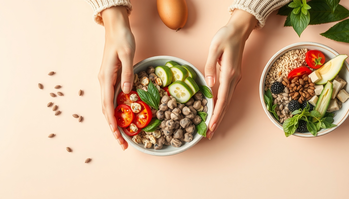 심진캡슐 - flat lay of healthy meal prep bowls with vegetables and grains on pastel table, digestive health lifestyle concept