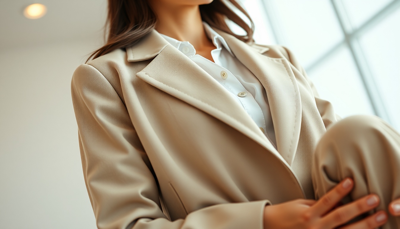 오피스 룩 - Korean woman upper body shot with face visible, wearing stylish office look with blazer and trousers, modern office background, natural hands