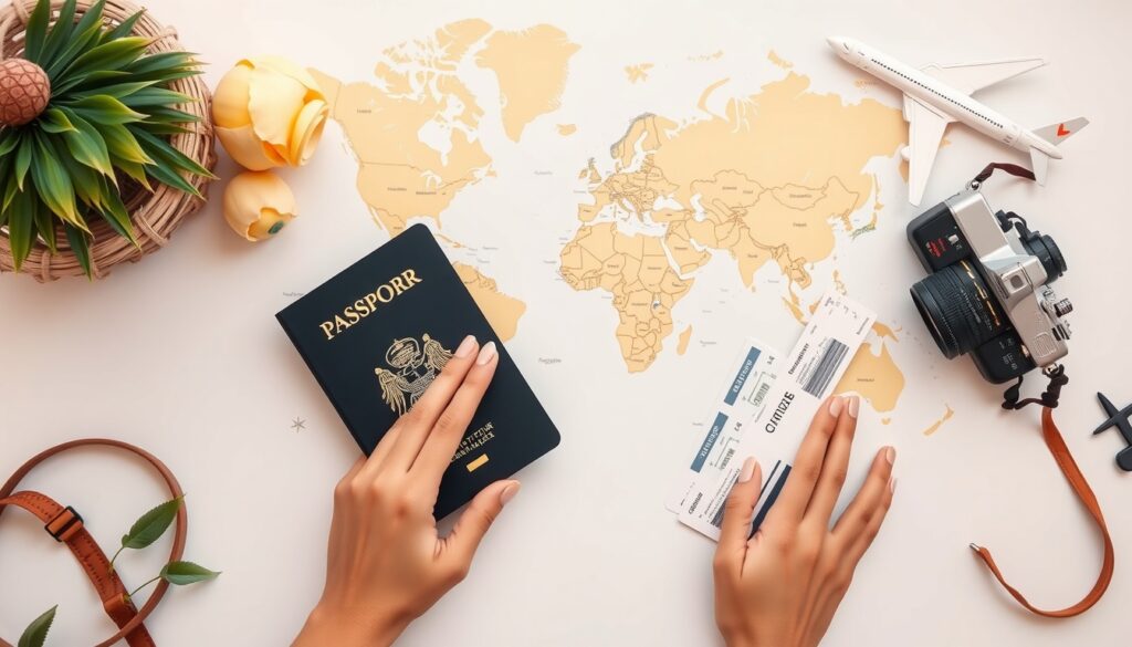 하나투어 패키지 - flat lay of travel essentials including passport, world map, airplane ticket, and camera on white background, Hanatour package travel concept