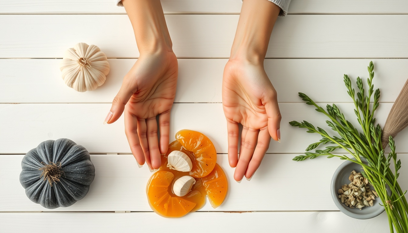 흑화랑 - flat lay of black garlic and healthy Korean fermented food on white wooden table, natural lighting, health food concept