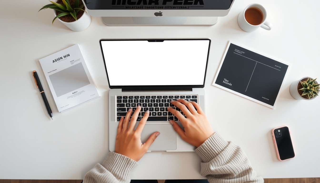 미리캔버스 - flat lay of laptop and design mockup templates on white desk, Miricanvas Korean design tool concept