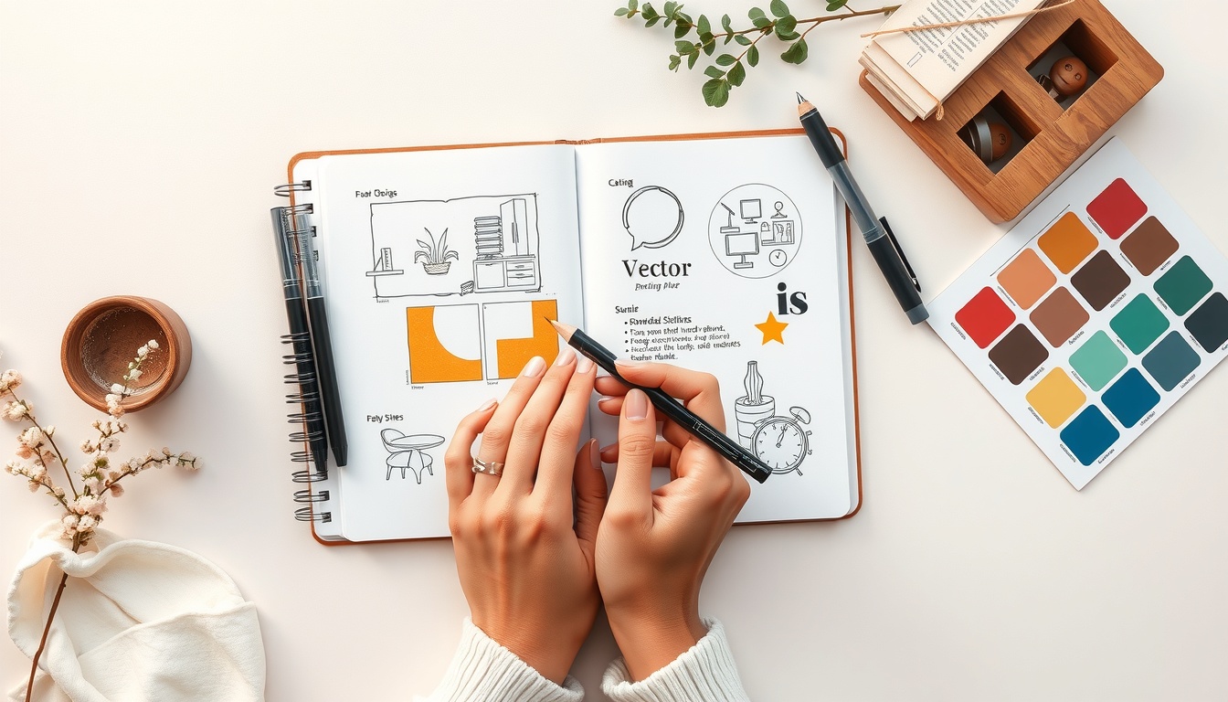 일러스트레이터 - flat lay of sketchbook with vector design sketches, color swatches, and stylus pen, illustrator design planning concept, overhead view