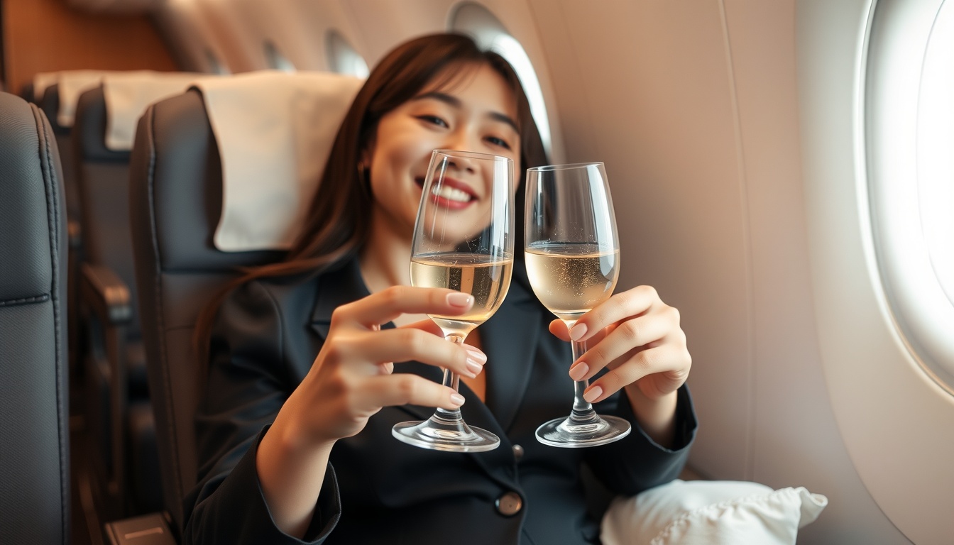비지니스석특가 - upper body shot of Korean woman with face visible, sitting in business class airplane seat, smiling and holding champagne glass, natural hands