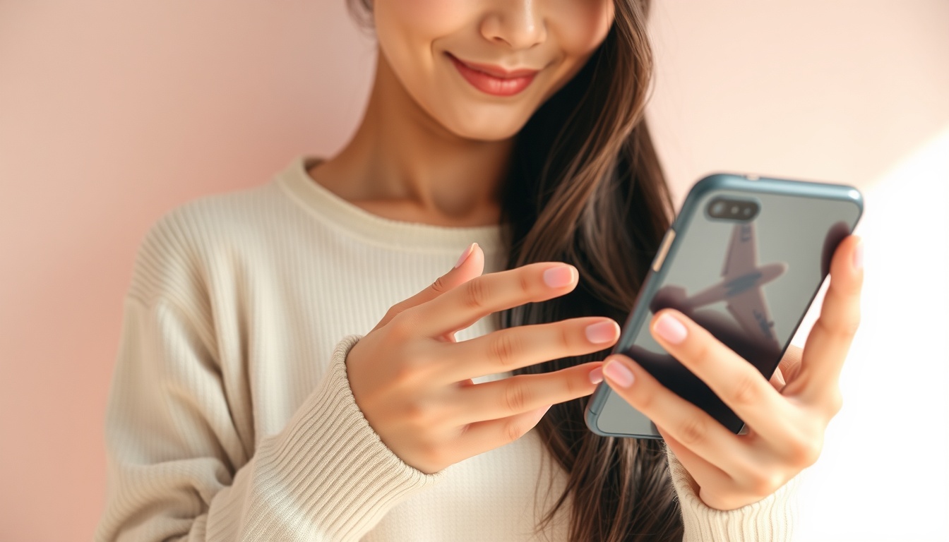 항공권 예약 - Korean woman upper body shot with face visible, smiling and using smartphone to book flight, natural hands, bright background