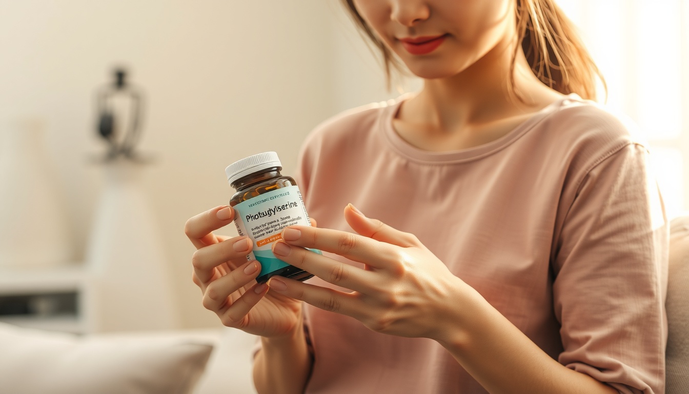 포스파티딜세린 - upper body shot of Asian woman with face visible, reading supplement label at home with natural lighting, phosphatidylserine health concept, natural hands