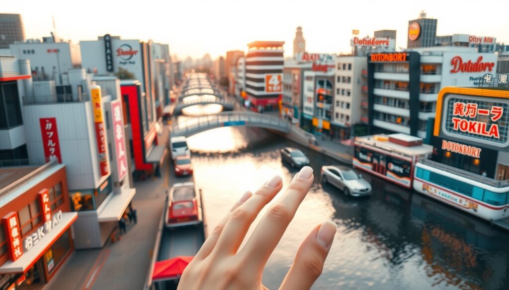 오사카 여행 - aerial view of Osaka cityscape at golden hour, Dotonbori canal with colorful signs and reflections, travel destination concept