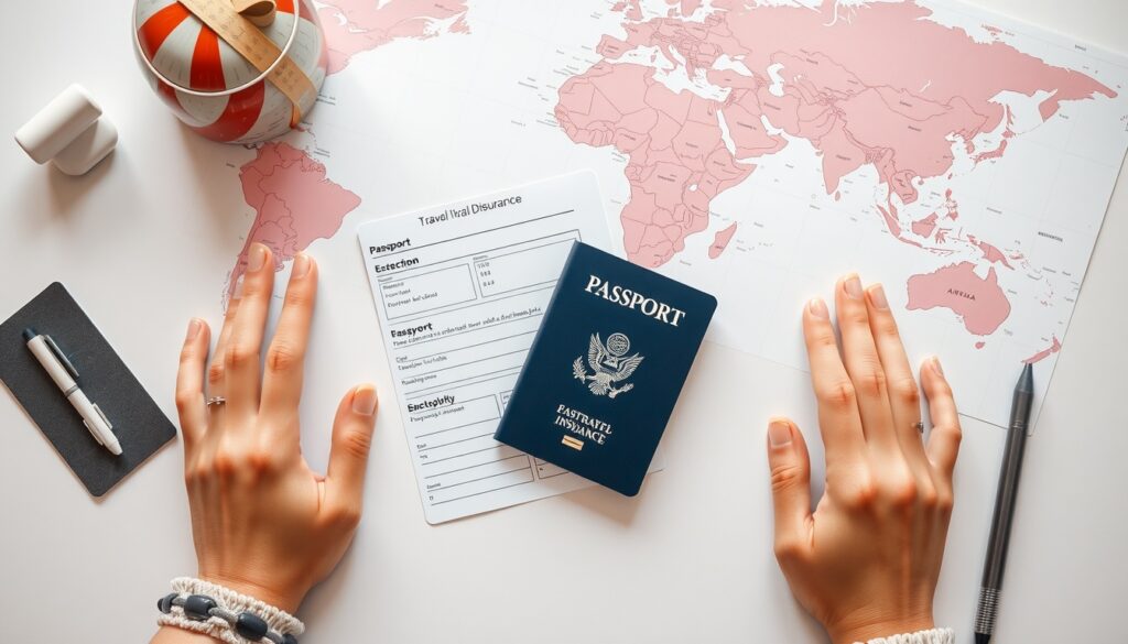 여행자 보험 - flat lay of passport, travel insurance document, airplane ticket and world map on white desk, travel insurance concept