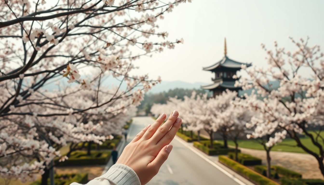 경주벚꽃 - aerial view of Gyeongju cherry blossom road with historic pagoda in background, spring scenery in South Korea