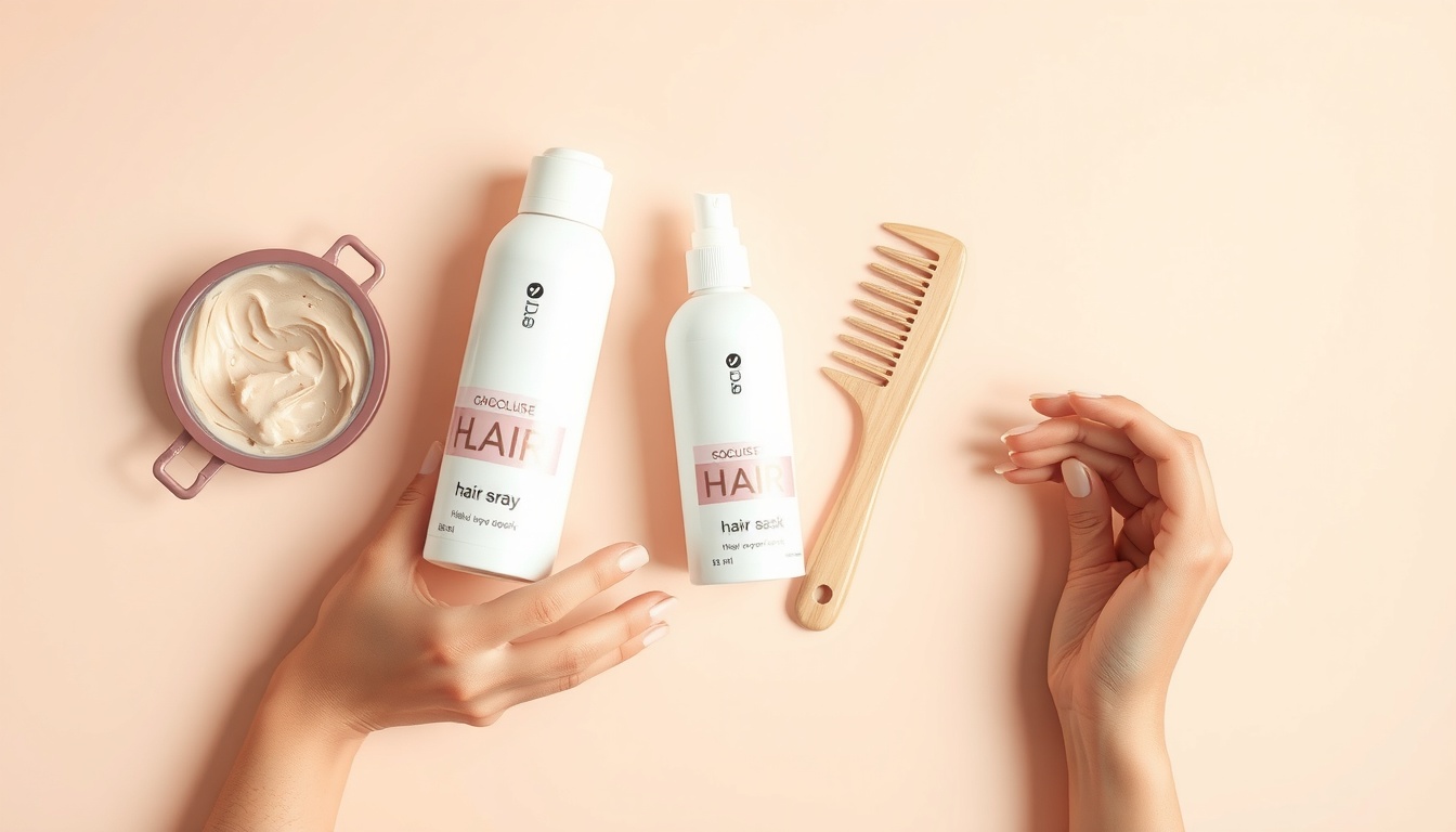 파마 망했을때 복구 - flat lay of hair care products including hair mask, spray bottle, and comb on pastel background, failed perm recovery concept