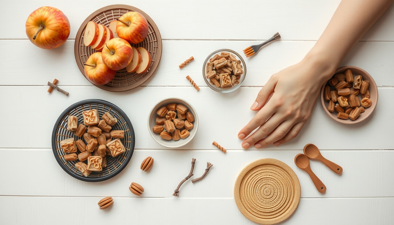 경북몰 - flat lay of Korean local specialty products from Gyeongbuk region including apples, dried goods, and traditional food items on a white wooden background