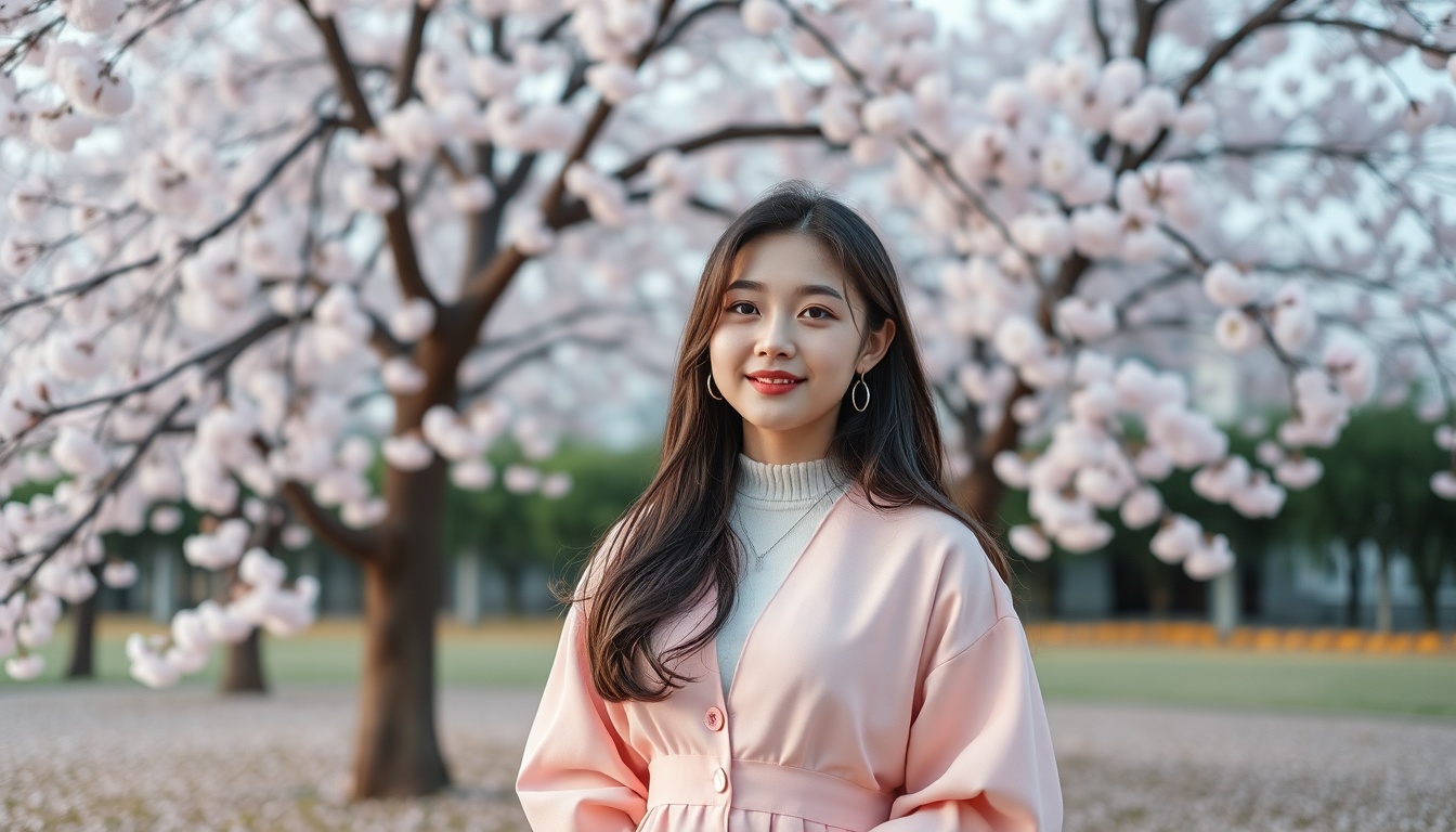 Young Korean woman in pastel spring outfit standing in a blooming cherry blossom park, soft natural lighting