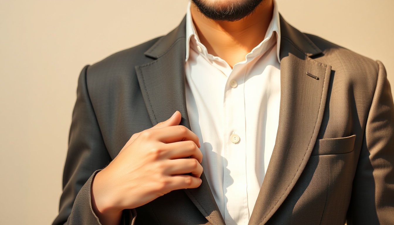 상견례 옷차림 남자 - Korean man upper body shot with face visible, wearing smart casual blazer and dress shirt for formal family meeting, clean background
