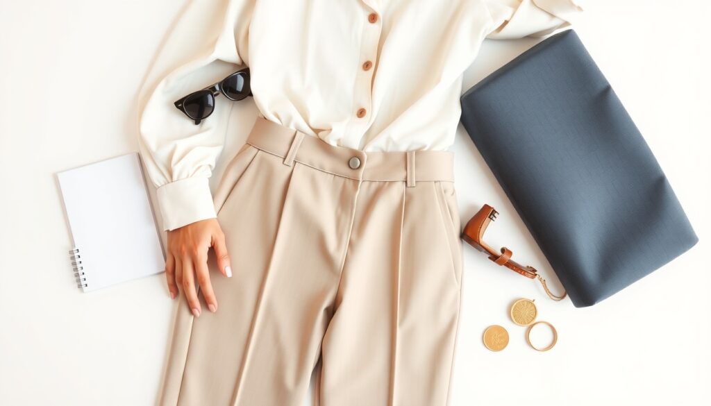 오피스 룩 - flat lay of stylish office look outfit, blouse, trousers, and accessories on white background, 2026 office fashion trend