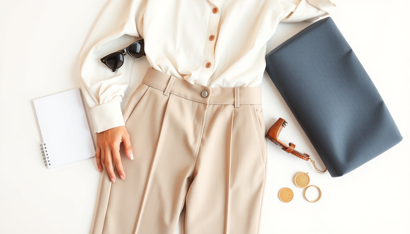오피스 룩 - flat lay of stylish office look outfit, blouse, trousers, and accessories on white background, 2026 office fashion trend