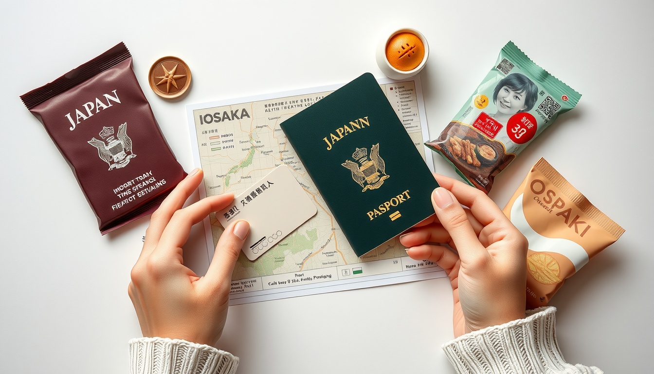 오사카 여행 - flat lay of Japan travel essentials including passport, IC card, Japanese yen, map and snacks on white background, Osaka travel preparation concept