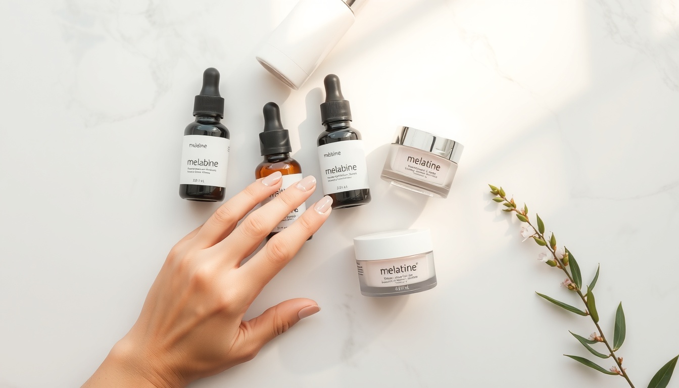 멜라바인 - flat lay of skincare products including serum and cream on white marble surface, melabine skin brightening concept