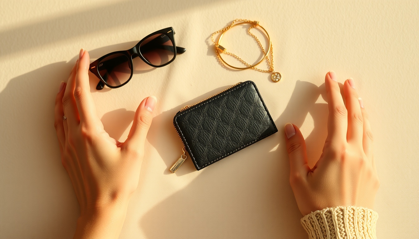 명품 브랜드 - flat lay of luxury brand items including small leather wallet, sunglasses, and gold jewelry on beige linen background, premium fashion concept