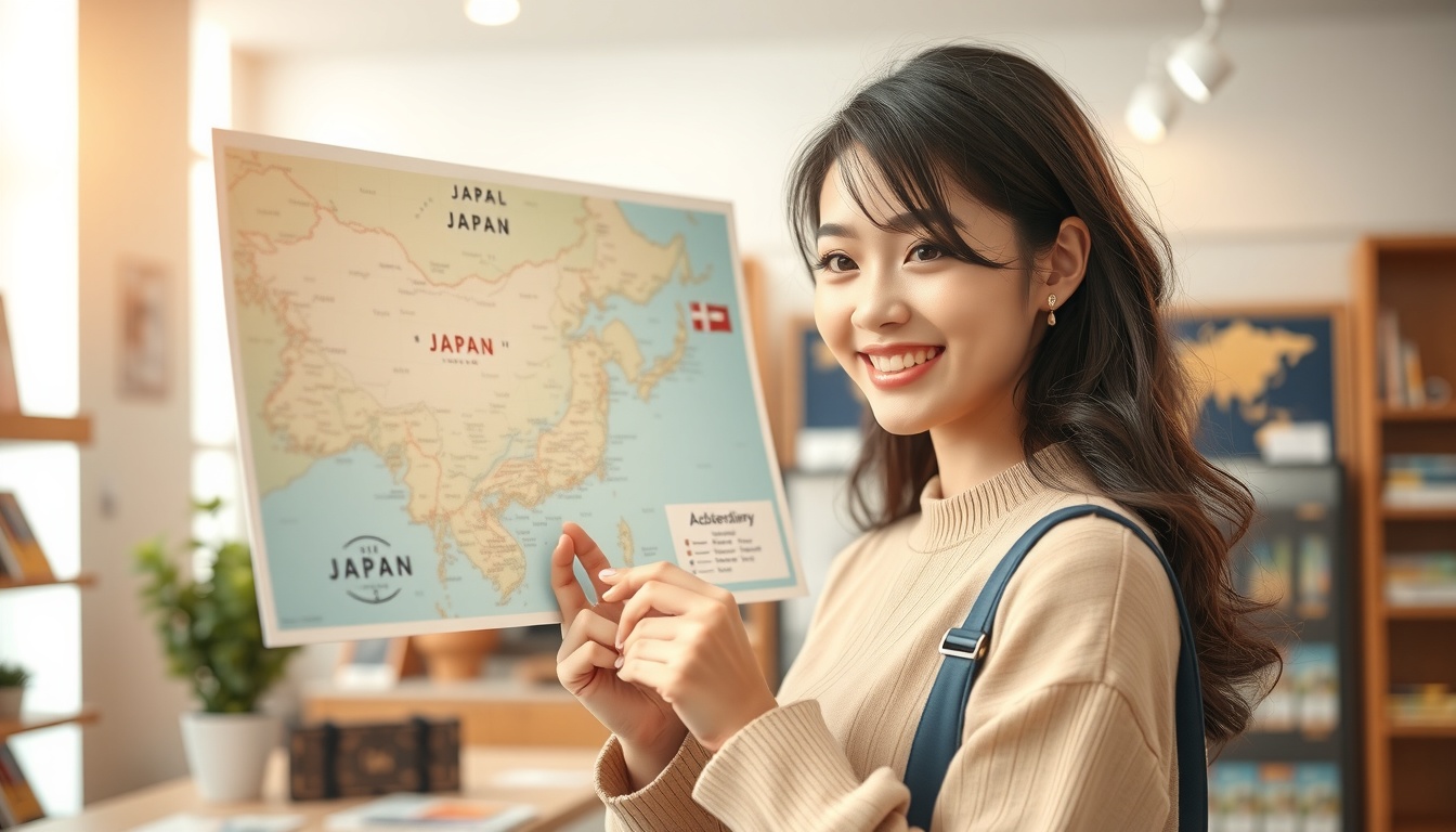 일본 여행 오사카 vs 도쿄 솔직 비교 후기 - Korean woman upper body shot with face visible, smiling and looking at travel map of Japan in bright travel agency, natural hands
