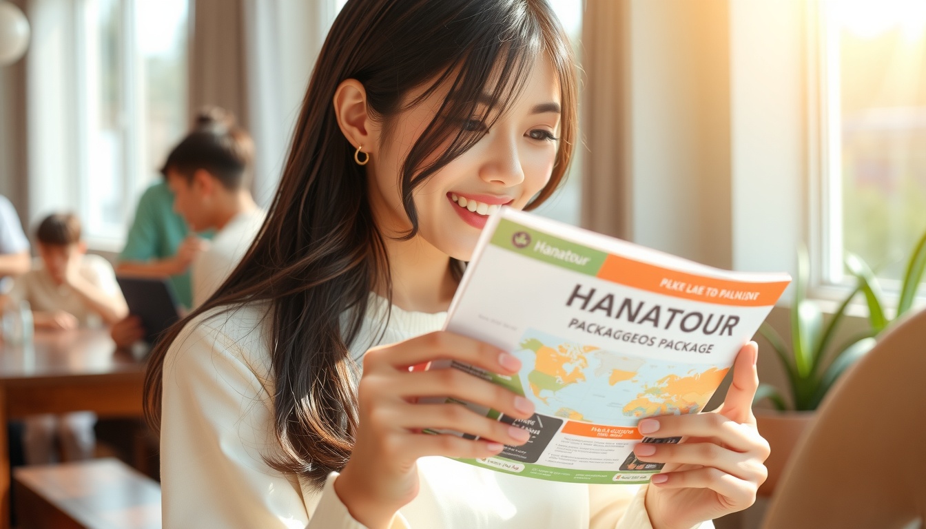 하나투어 패키지 - Korean woman upper body shot with face visible, smiling and looking at travel brochure in bright sunlit cafe, with face visible and natural hands, Hanatour package travel planning