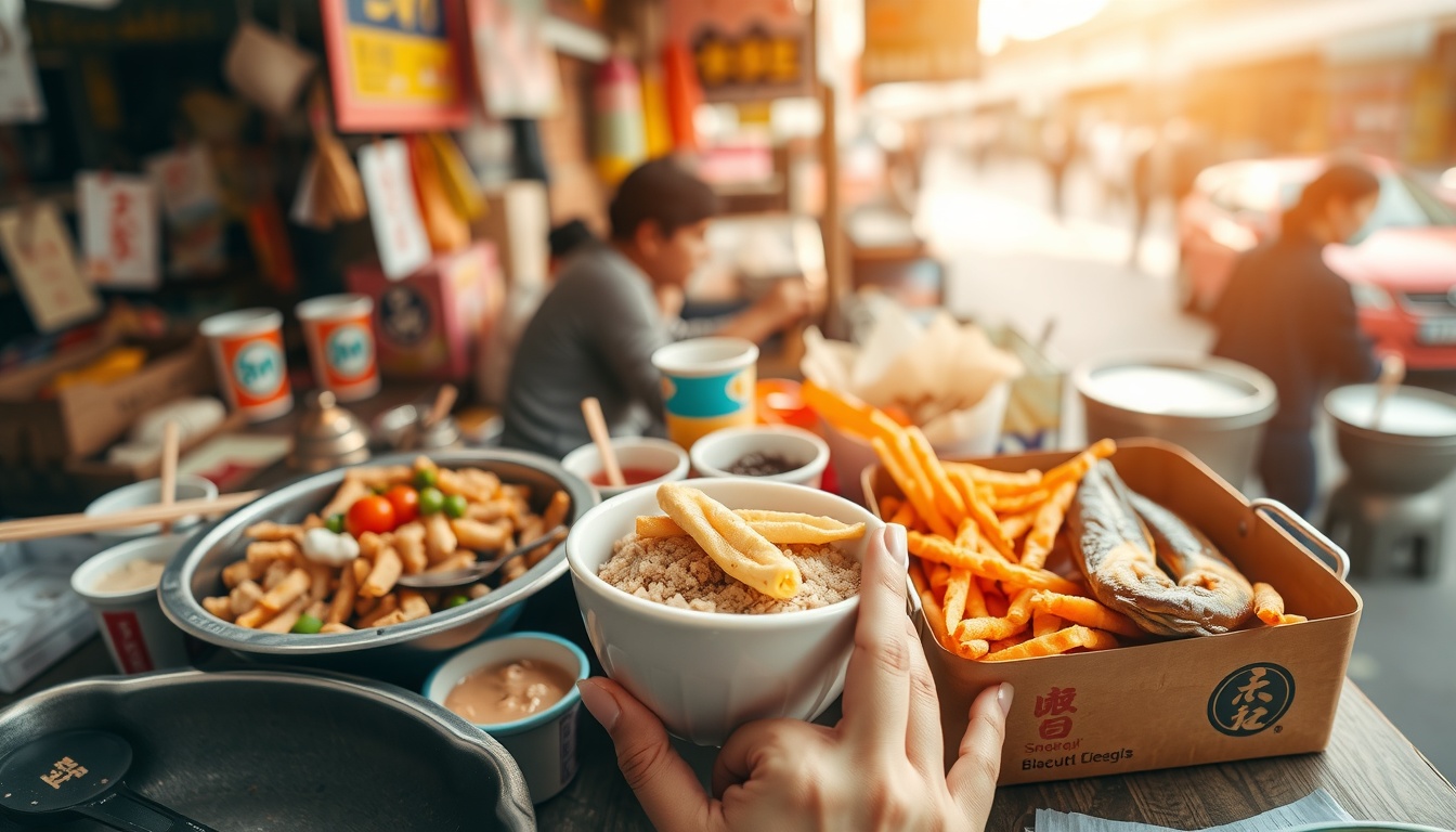 부산 여행 - flat lay of Busan street food including hotteok, seafood, and local snacks on colorful market background