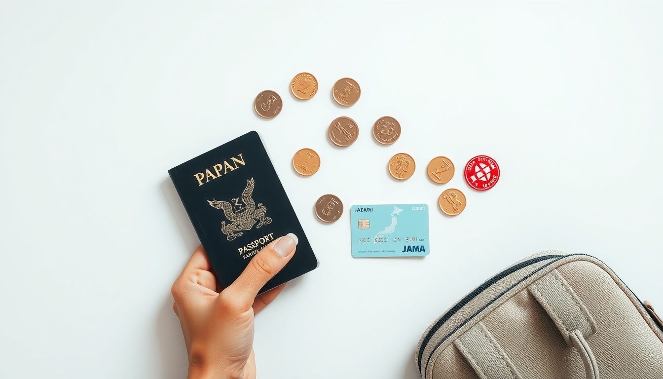일본 여행 초보자 준비물 체크리스트 - flat lay of travel essentials for Japan trip including passport, yen coins, IC card, travel bag on white background, Japan travel checklist concept