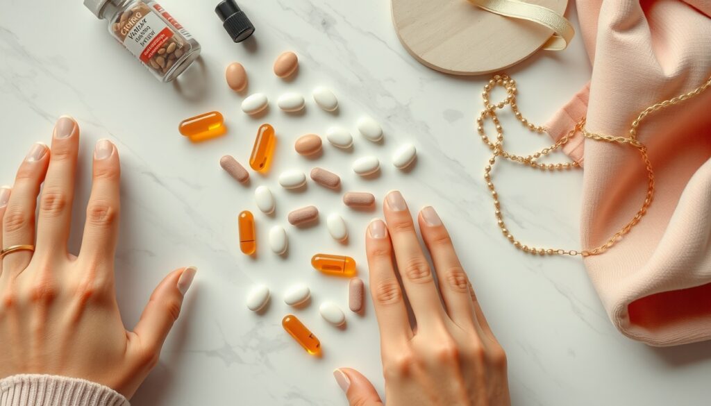 이석증영양제 - flat lay of vitamin supplements and capsules on white marble surface, focus on earstone vertigo nutrition concept