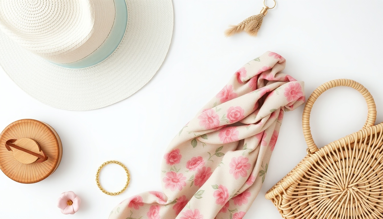 Flat lay of spring fashion accessories including pastel hat, floral scarf, rattan bag, and gold jewelry on white background