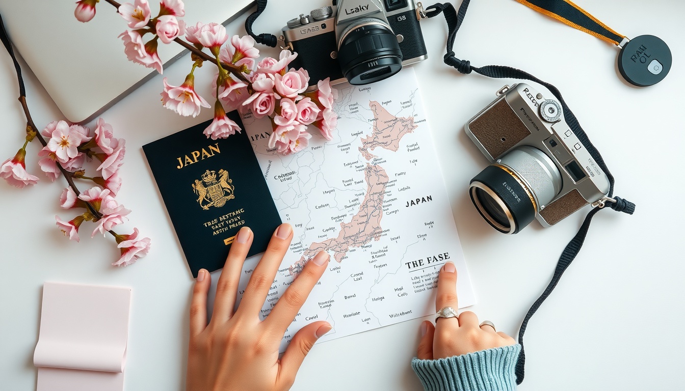 일본 여행 - flat lay of Japan travel essentials including map, passport, cherry blossom and camera on white desk, Japan travel concept