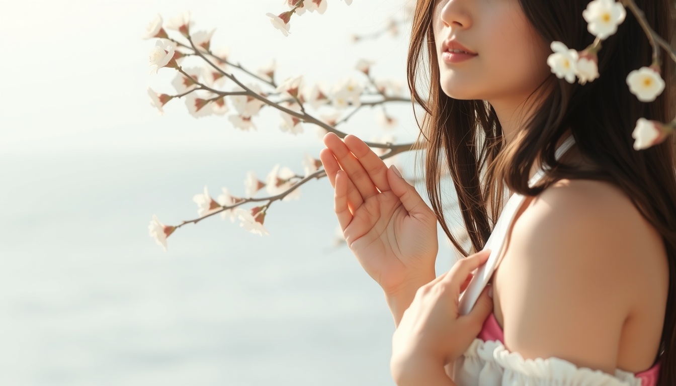 국내 여행지 추천 여행 - Korean spring travel destination, scenic coastal view with cherry blossoms and ocean, national domestic travel recommendation