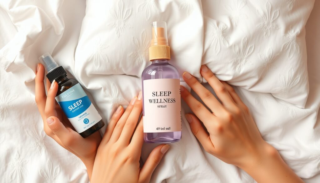 슬리피솔 - flat lay of sleep wellness products including pillow spray and sleep aid supplement on soft white linen, sleepy sol concept