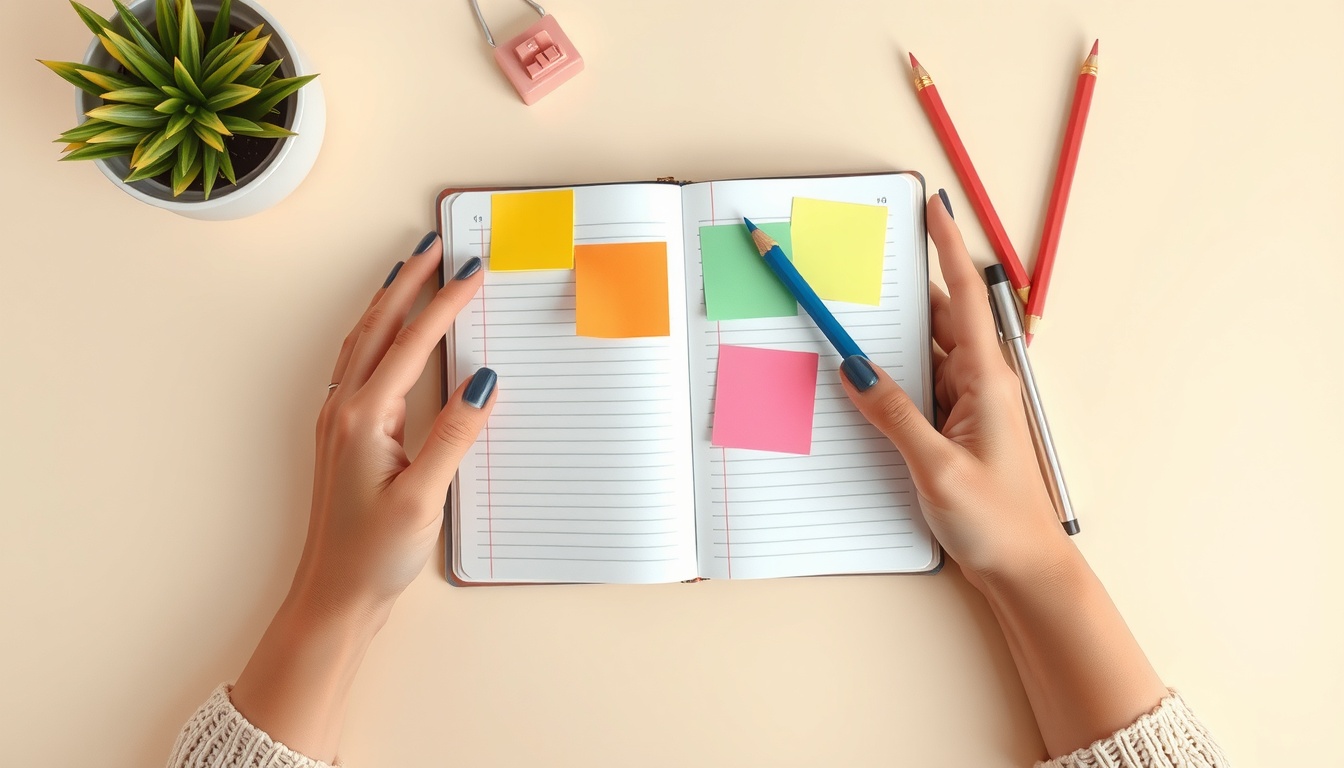 아스퍼거증후군 - flat lay of open notebook with colorful sticky notes and pencils on pastel desk, Asperger syndrome awareness concept