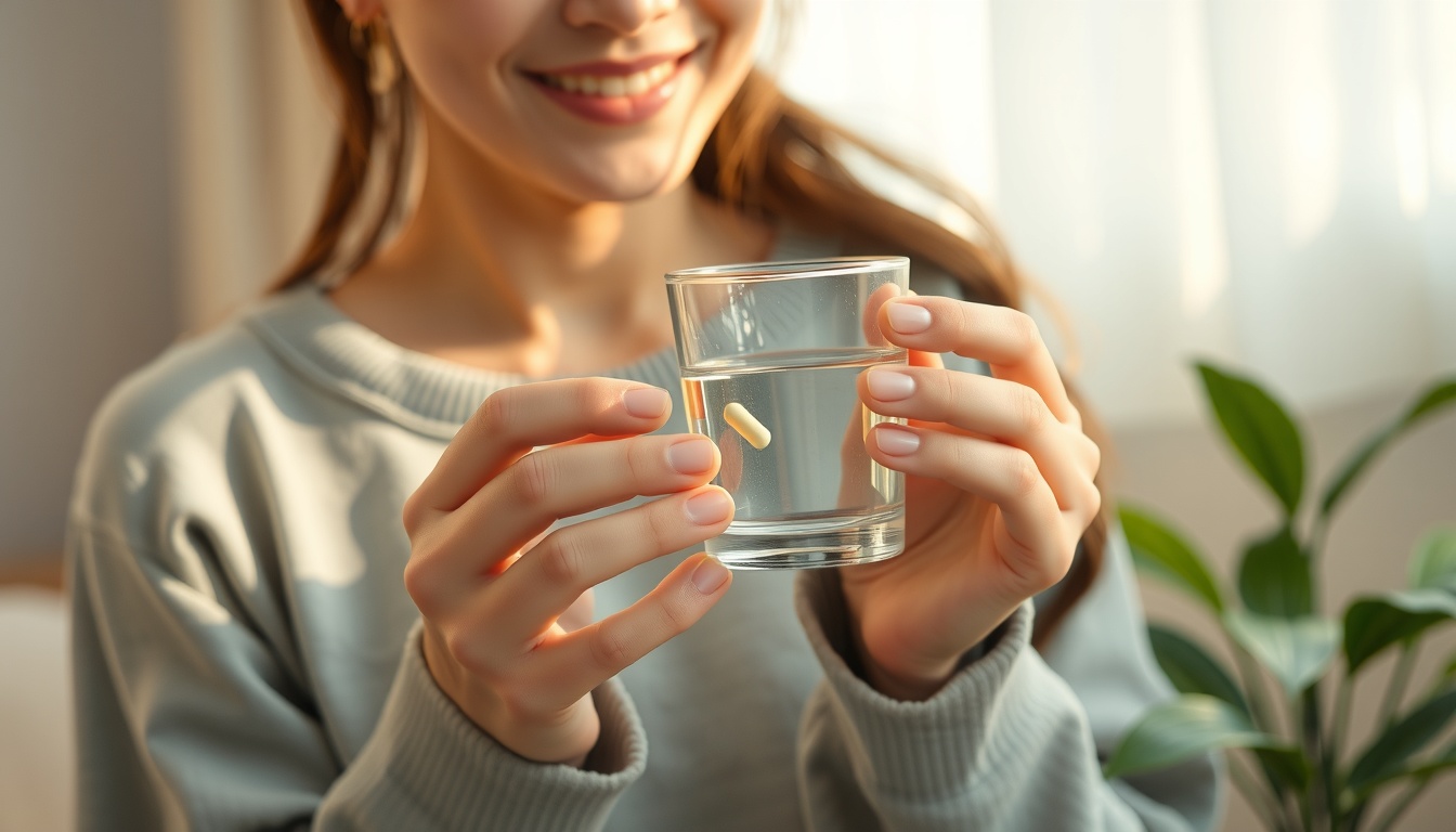 심진캡슐 - Korean woman upper body shot with face visible, holding a glass of water and medicine capsule with a gentle smile, natural hands, soft morning light at home